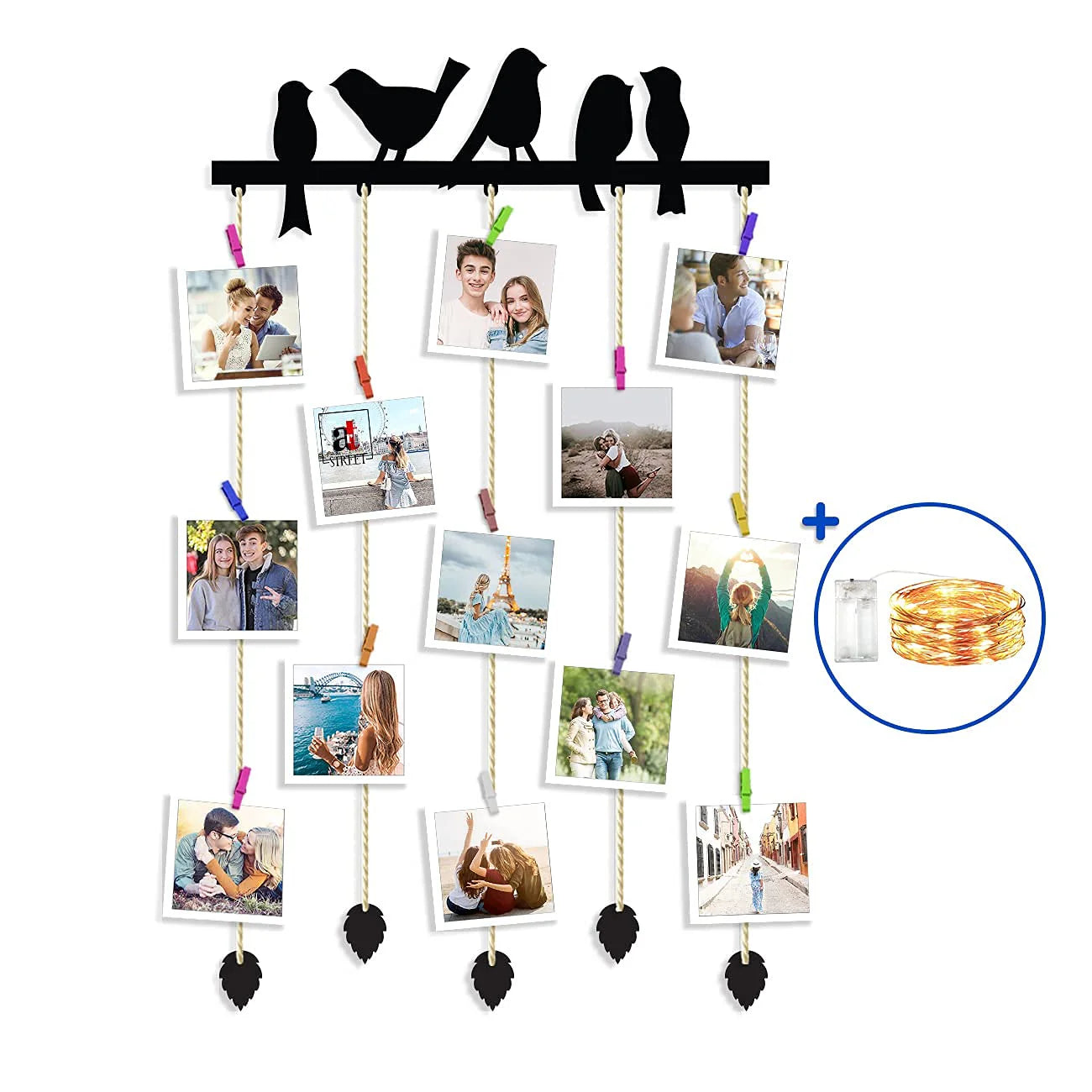 GlowNest Bird Clip Frame Collage – MDF Wall Hanging with LED Lights ,FeatherGlow Hanging Photo Display – Bird Design MDF Plaque (18.5x32 in)