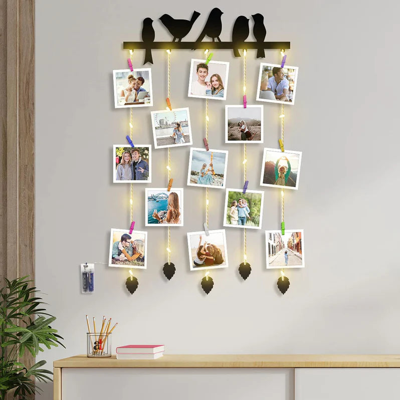 GlowNest Bird Clip Frame Collage – MDF Wall Hanging with LED Lights ,FeatherGlow Hanging Photo Display – Bird Design MDF Plaque (18.5x32 in)